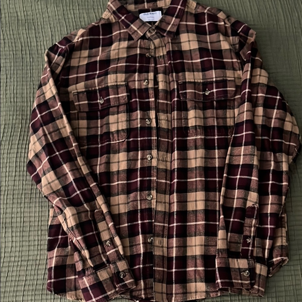 Old Navy Maroon and Tan Plaid Casual Shirt
